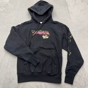 Champion Hoodie Mens Small Black Reverse Weave Simple Balance Floral Embroidered